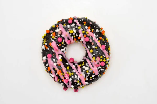 Donut Dunkler Schokoladenglasur Mit Rosa Streuung Flache Lage — Stockfoto