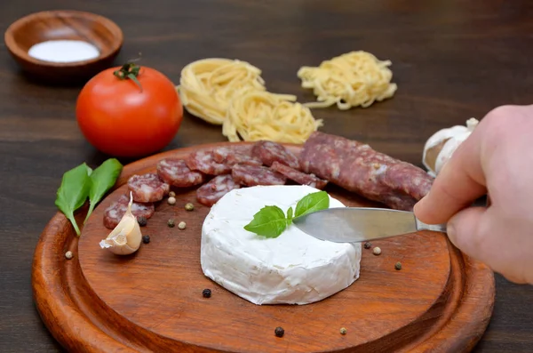 Italian Pasta Cheese Sausage Wooden Table — Stock Photo, Image