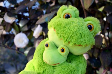 Çiçekli arka planda oyuncak kurbağalar