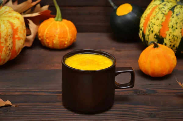 Autumn Still Life Cup Golden Milk Pumpkins — Stock Photo, Image