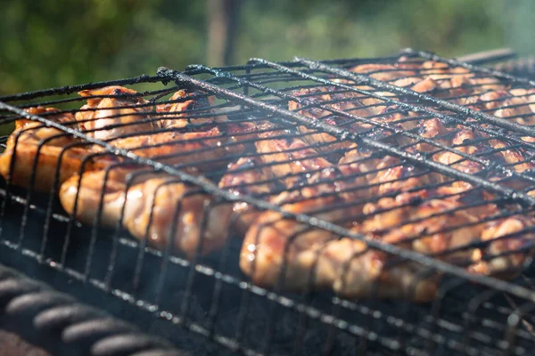 Die Hühnerflügel Braten Auf Einem Schwarzen Fettigen Rost Auf Einem — Stockfoto