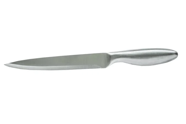 Nový Ocelový Dlouhý Kuchyňský Nůž Izolovaný Bílém Pozadí Detailní Záběr — Stock fotografie