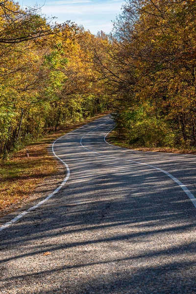 Opuštěná Klikatá Venkovská Cesta Uprostřed Podzimního Lesa Pozadí Modrá Obloha — Stock fotografie