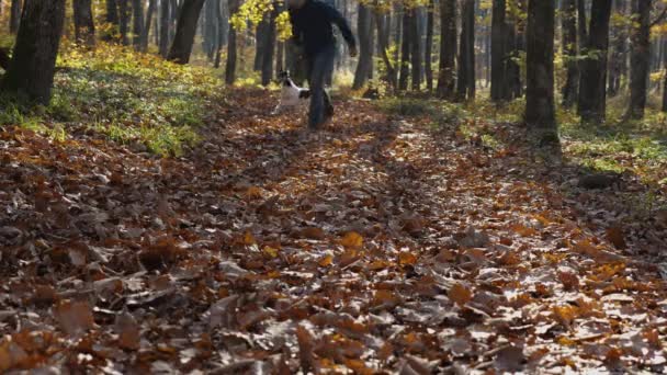 Man Rutigt Kaffe Och Jeans Springer Med Hunden Koppel Genom — Stockvideo