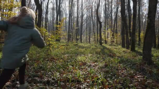 Dziewczynka Dziecko Kurtce Biegnąca Przez Trawę Wychodząca Jesiennym Lesie Psem — Wideo stockowe