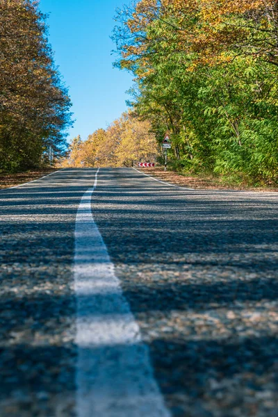 Biała Linia Znaków Asfaltowej Autostradzie Wzdłuż Krawędzi Drogi Znajdują Się — Zdjęcie stockowe
