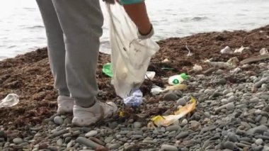 Bir kadın, deniz taşlı sahilde alglerle kaplı bir torbada çöp toplamaya gönüllü oluyor. Plastik şişelerden sahili temizliyor. Ekoloji kavramı