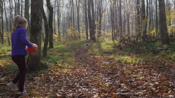 Blondynka Rzuca Piłkę Jesiennym Lesie Tle Spadły Liście Pnie Drzew — Wideo stockowe