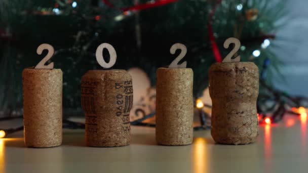 Șampania Dopurile Vin Numere Lemn 2022 Ele Fundal Este Pom — Videoclip de stoc