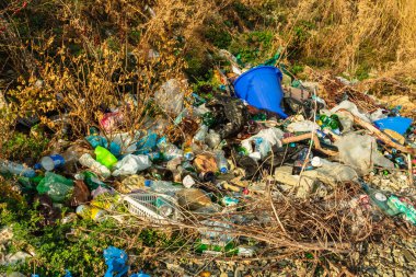 Plastik ve cam şişeler, torbalar ve alüminyum teneke kutular kayalar ve çimenlerin arasında duruyor. Doğaya çöp atmak. Çevreyi koruyorum. Rusya, Krasnodar Bölgesi, 26 Ekim 2021