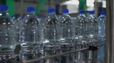 Mavi plastik su şişeleri taşıyıcı bant boyunca hareket ediyor. Kamera şişeleri takip ediyor. Maden suyu ve meşrubat üretimi için bitki yetiştirin..