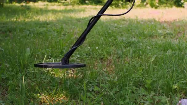 Apparatuur voor het vinden van metalen beweegt over de grond voor het doorzoeken van verborgen schatkist — Stockvideo