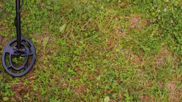 Rechercher des pièces avec un détecteur de métaux sur le site d'une maison de campagne — Video