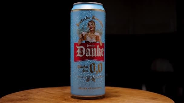 Frau Danke Aluminum Can Non Alcoholic Beer Condensation Droplets Russian — Stock Video