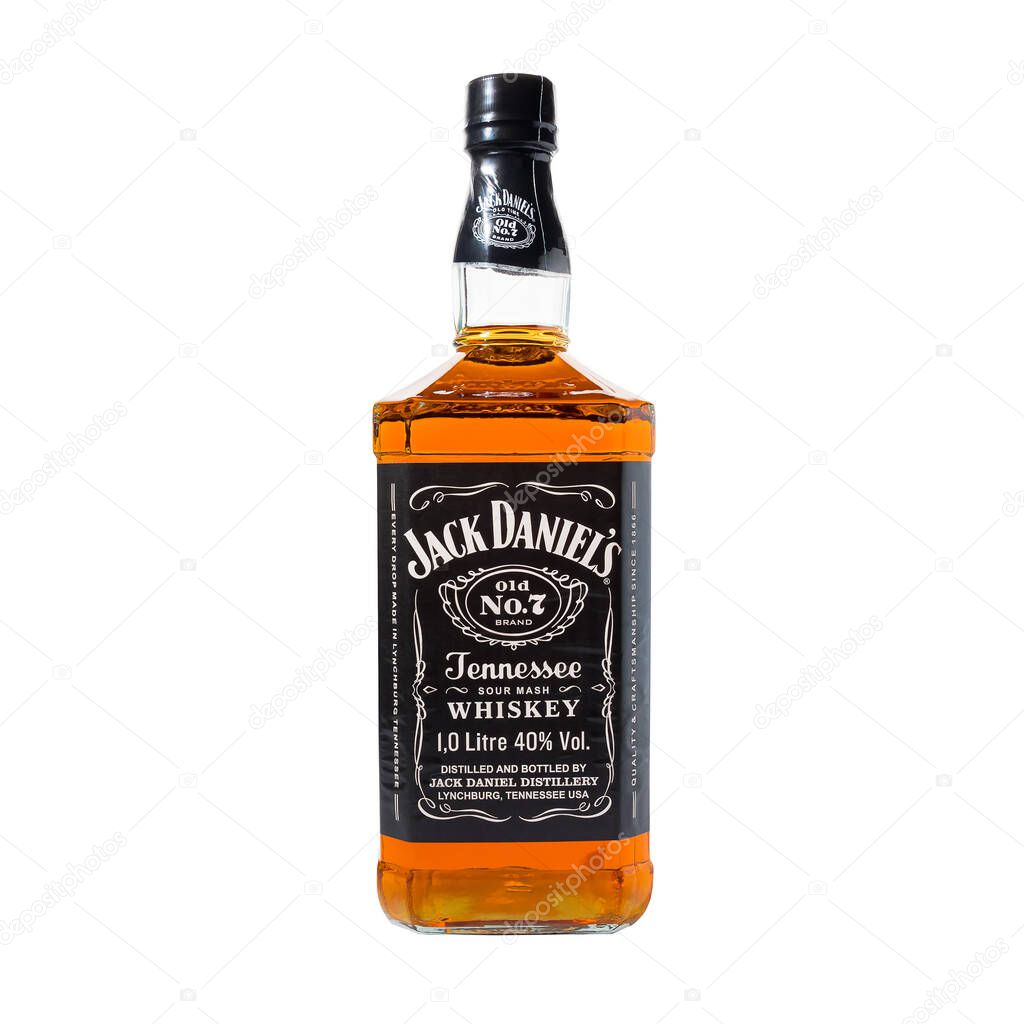 Liter bottle of Jack Daniels Old No.7 whiskey isolated on white background. The oldest whiskey brand from the USA. Russia, Krasnodar, December 15, 2021