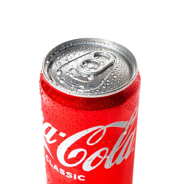 Κάτοψη Ενός Αλουμινένιου Δοχείου 330Ml Coca Cola Σταγονίδια Νερού Που — Φωτογραφία Αρχείου