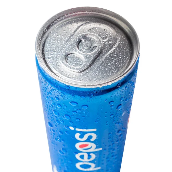 Top View 250Ml Blue Aluminum Can Pepsi Lettering Water Drops — Stock Photo, Image