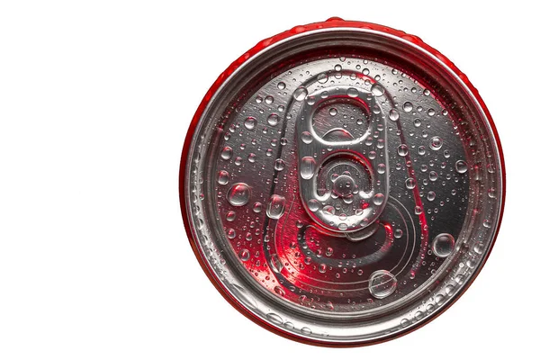 Red Aluminum Can Water Droplets White Background Top View Red — Fotografia de Stock