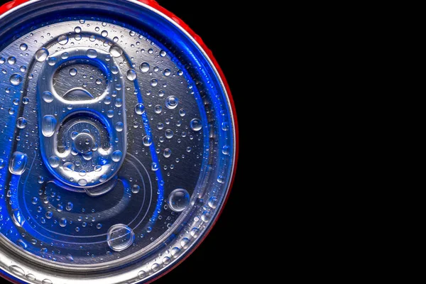 Top View Red Closed Aluminum Can Water Droplets Black Background — Fotografia de Stock