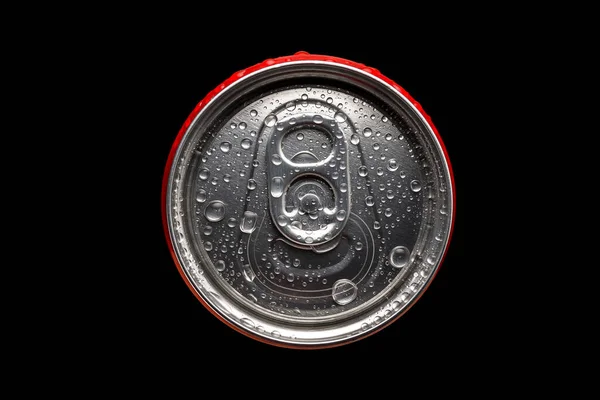 Top View Closed Red Aluminum Can Water Droplets Black Background — Stock Photo, Image