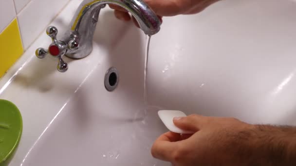 Close Man Taking Soap Washing His Hands Running Tap Water — 图库视频影像