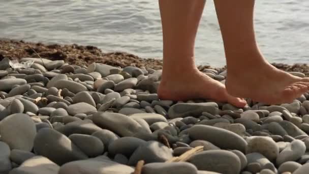 Close Woman Bare Feet Walking Stone Beach Sea Splashing Background — ストック動画