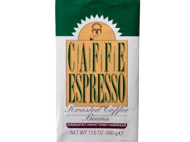 The packaging of Turkish coffee beans Kurukahveci Mehmet Efendi Caffe Espresso on white background. MEHMET EFENDI family business since end of the 19th century. Russia, Krasnodar, December 22, 2021