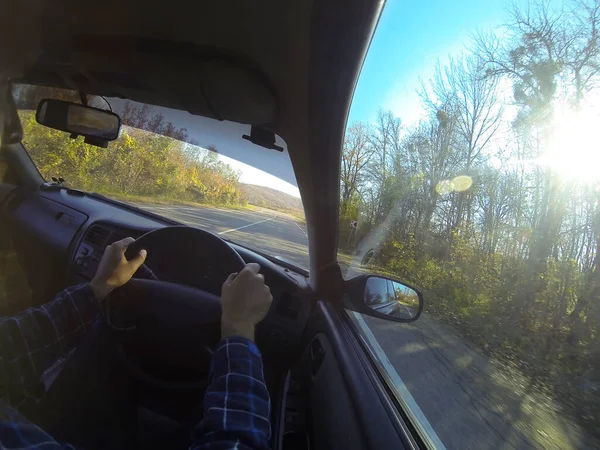 First Person View Driver Hands Steering Wheel Car Driving Country — Stockfoto