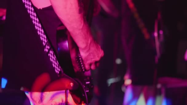 Close Electric Guitar Hands Guitarist Purple Light Stage Lighting Diy — стоковое видео