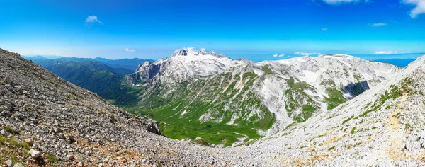 Panorama Paisaje Montaña Montañas Blancas Con Glaciares Fondo Gargantas Verdes —  Fotos de Stock