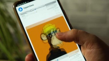 OpenSia uygulamasındaki bir akıllı telefondan dijital sanat koleksiyonuna göz atan bir parmağın yakın çekimi. Arka planda bir çiçek ve taş bir duvar var..