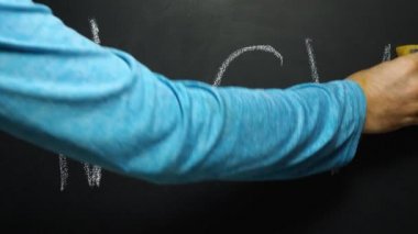 Bir adam, tahtaya tebeşirle yazılmış NeoCov kelimesini sarı, ıslak bir süngerle siliyor. NeoCoV, Covid-19 koronavirüs enfeksiyonunun yeni bir türü..