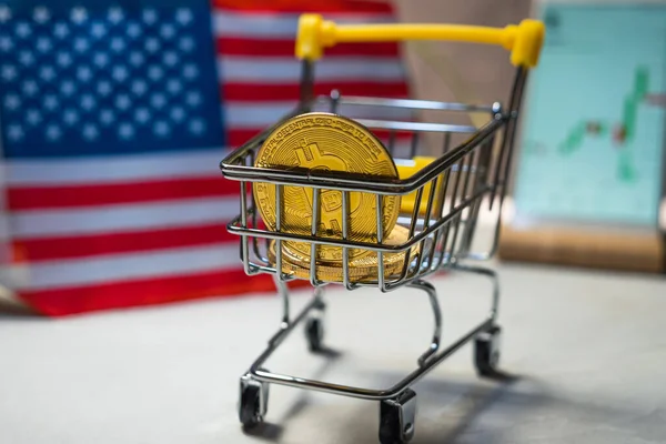 Amerikan bayrağının arka planında altın kriptolu Bitcoin paraları ve BTC döviz kuru grafiği olan akıllı bir telefonla alışveriş arabası. Engelleme teknolojisi