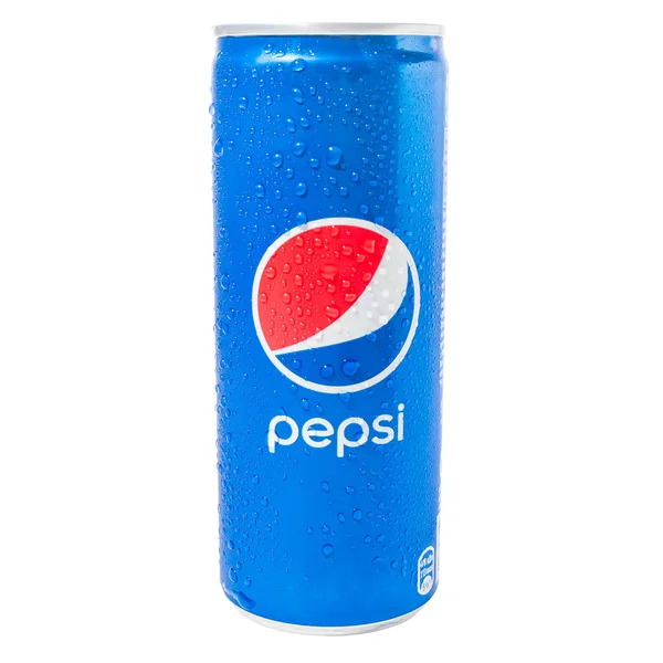 Blue Pepsi 250Ml Lata Con Gotas Agua Aisladas Sobre Fondo —  Fotos de Stock