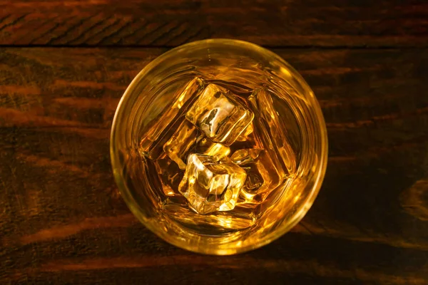 View Glass Whiskey Ice Cubes Dark Oak Boards Close — Stock Photo, Image