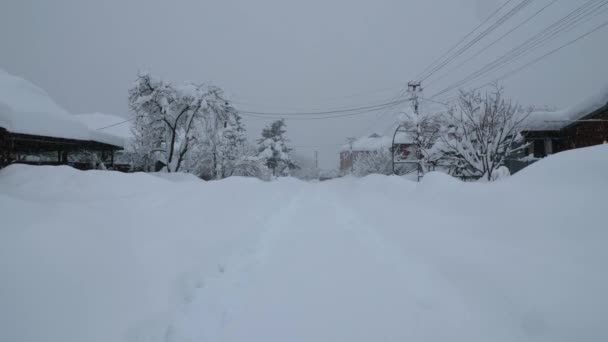 Eine Straße Einer Kleinstadt Ist Mit Schnee Bedeckt Ein Schneesturm — Stockvideo