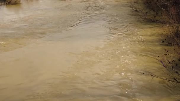 Nahaufnahme Des Flusses Mit Schlammigem Braunem Wasser Schmutziger Flacher Fluss — Stockvideo