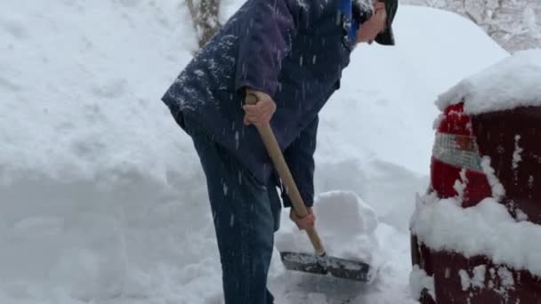 野球帽 ジャケット ジーンズの男のタイムラプス映像は 巨大な雪のドリフトで雪を掘っています 空から雪が降る — ストック動画