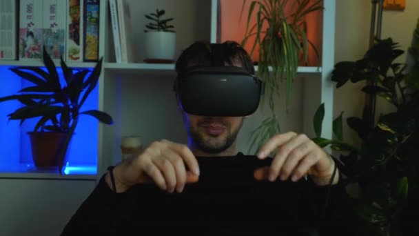 Man Black Sweatshirt Takes His Virtual Reality Glasses Tired Eyes — Stock Video