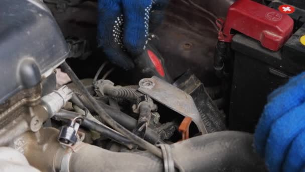 Επισκευή Αυτοκινήτου Χέρια Ενός Μηχανικού Μπλε Γάντια Κατσαβίδι Κάτω Από — Αρχείο Βίντεο