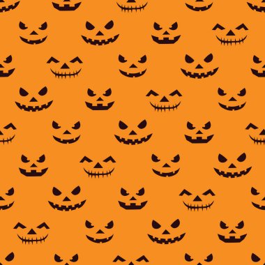 Oyulmuş Yüzlerle Cadılar Bayramı arka planı. Turuncu Arkaplanda Siyah Siluetler.