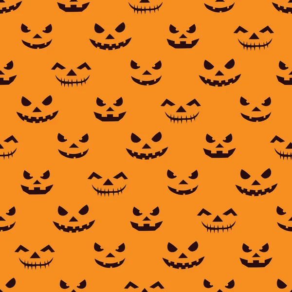 Fond d'Halloween avec des visages sculptés. Silhouettes noires sur fond orange. — Image vectorielle