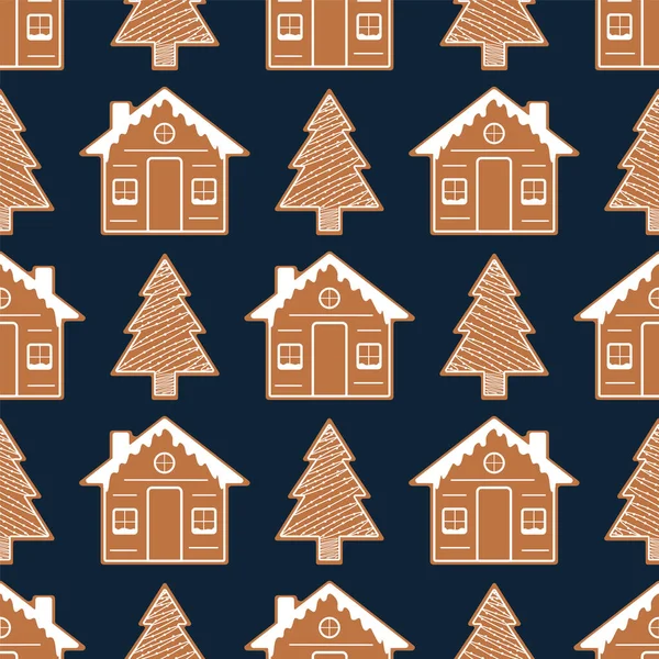 Vánoční pozadí s perníkovými sušenkami - perníková chaloupka, stromové sušenky. — Stockový vektor