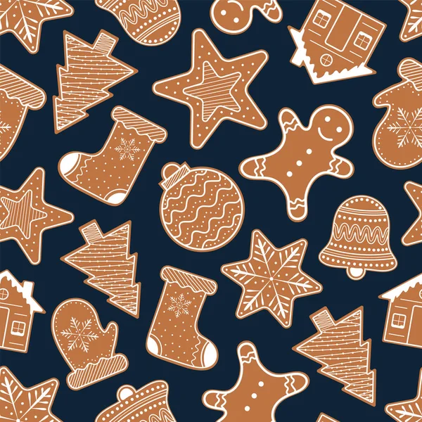 Gingerbread Cookies Seamless Background on Dark Blue Background. — стоковий вектор