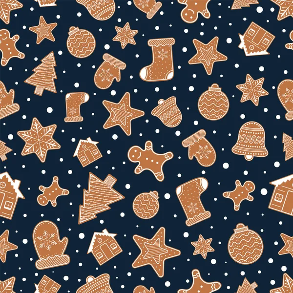 Gedecoreerde peperkoek koekjes naadloos patroon voor de wintervakantie. — Stockvector