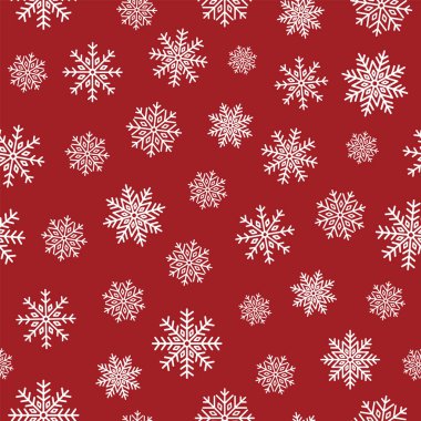 Yılbaşı için kar taneleri arka planda, yeni yıl tatillerinde. Kırmızı Arkaplanda Beyaz Düşen Kar Taneleri.