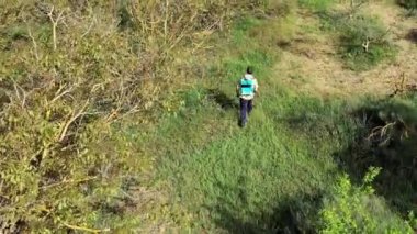 Man spraying herbicide in a field of walnut trees. Drone view. 4K. Bargota, Navarra, Spain, Europe.
