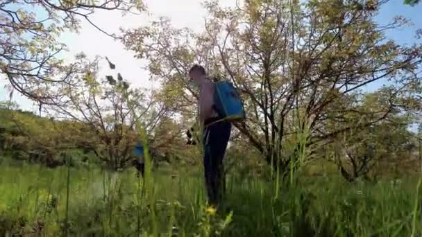 Két Földműves Gyomirtó Szert Permetezett Diófák Mezejére Bargota Navarra Spanyolország — Stock videók