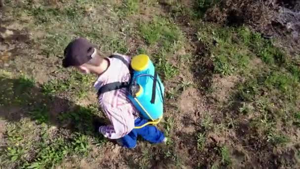 Young Man Face Mask Spraying Herbicide Field Olive Trees Bargota — 비디오