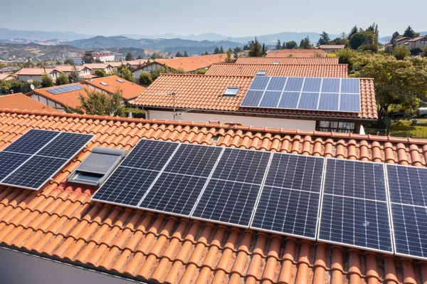 Solar Panels Roof Drone View Navarre Spain Europe Environment Technology Fotografia De Stock